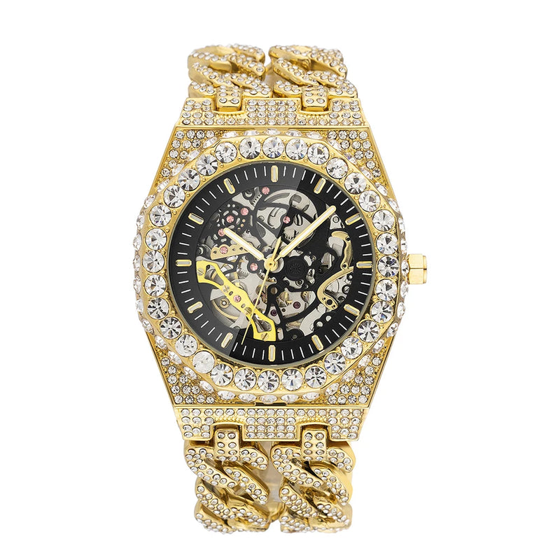Luxury Mechanical Wristwatch For Men Fashion Full Diamond Luminous Automatic Watch Top Brand Iced Out Bling Crystal Male Clock
