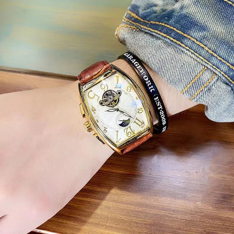 Luxury Automatic Mechanical Watch for Men Wrist Watch Tourbillon Skeleton Wrist Clock Tonneau Case Male Luminous Top Wristwatch