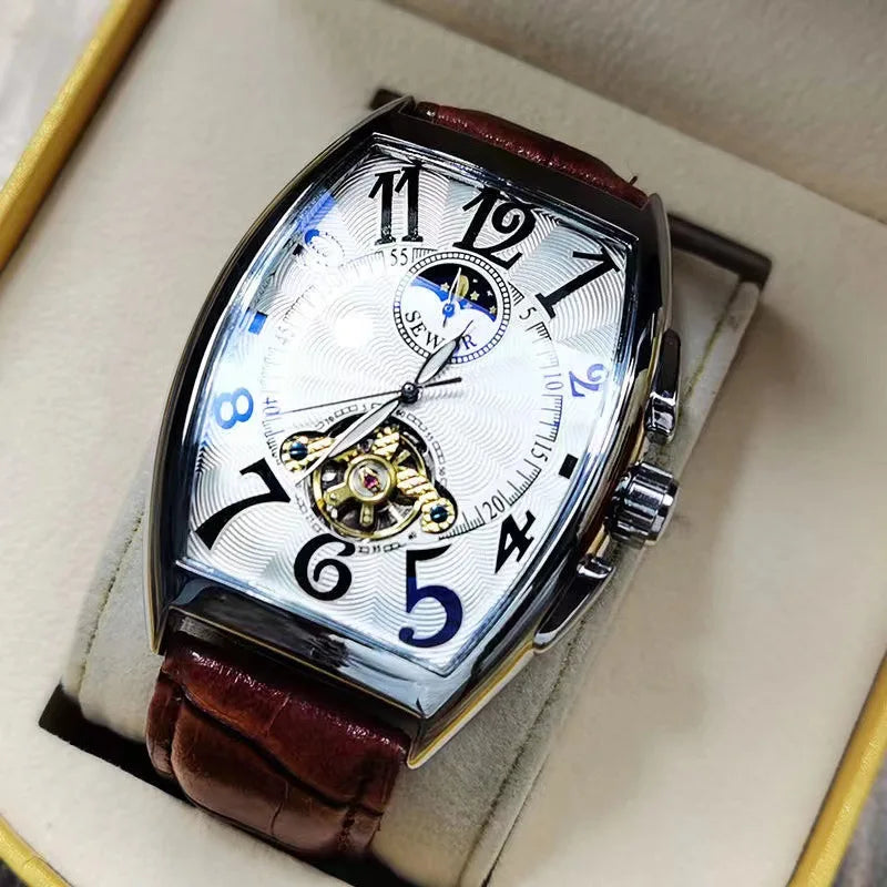 Luxury Automatic Mechanical Watch for Men Wrist Watch Tourbillon Skeleton Wrist Clock Tonneau Case Male Luminous Top Wristwatch